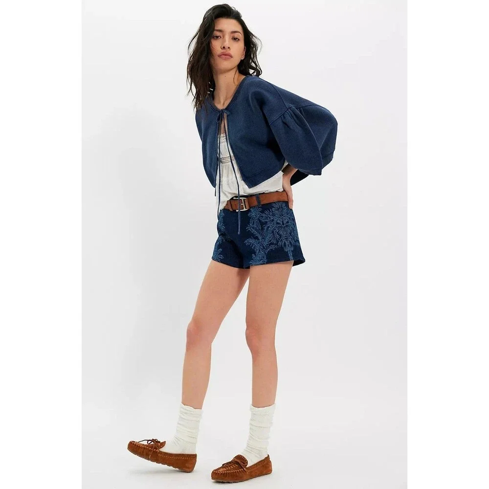 Free People Cape Me Cozy Cardi Blouse Top Cropped Crew Neck Cotton Boxy L 289850